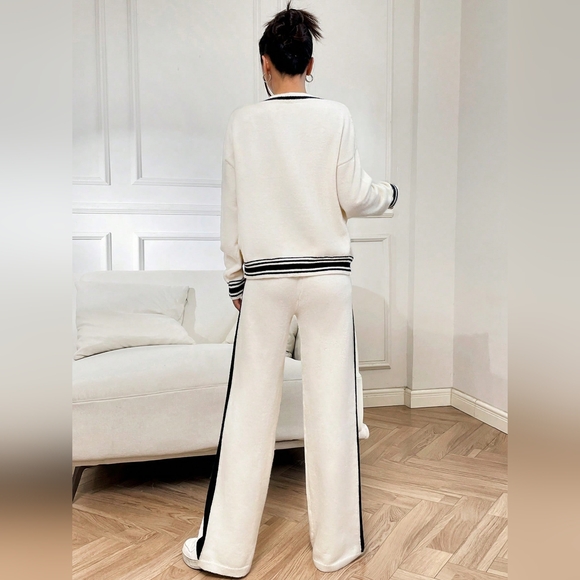 Letter Pattern Striped Trim Drop Shoulder Cardigan & Knit Pants - Picture 5 of 6